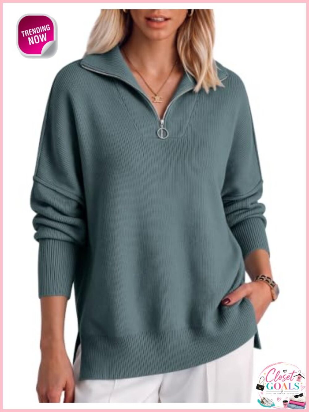 Oversized Quarter Zip Pullover Sweater Ribbed Knit Mock Neck Oversized